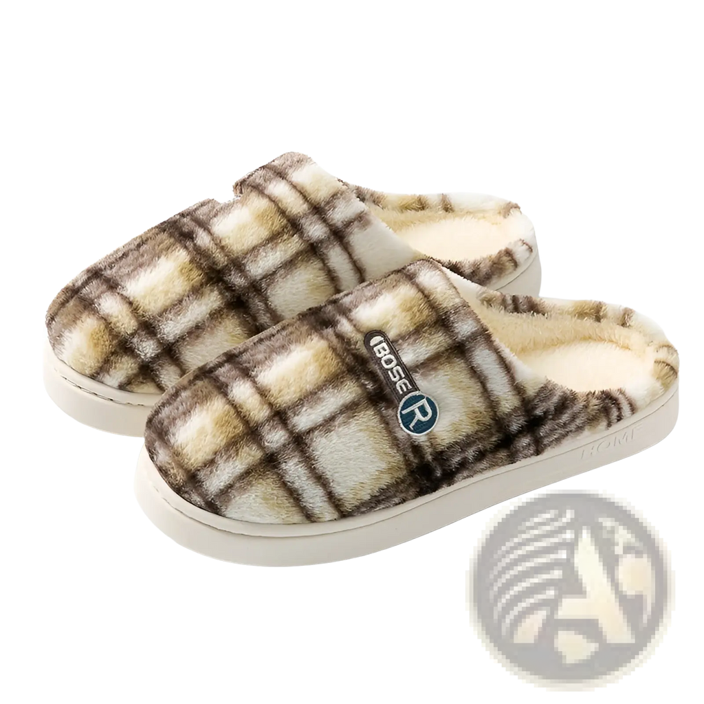 Unisex brown and cream plaid fleece lined non slip indoor slippers with soft plush interior and slip-on design