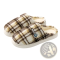 Unisex brown and cream plaid fleece lined non slip indoor slippers with soft plush interior and slip-on design