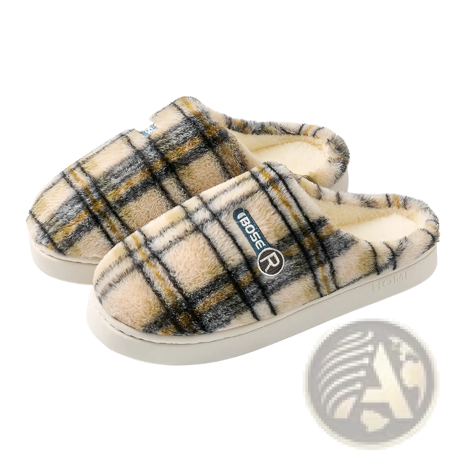 Plaid-patterned fleece slip-on slippers in beige black and mustard yellow check with non slip soles for indoor use