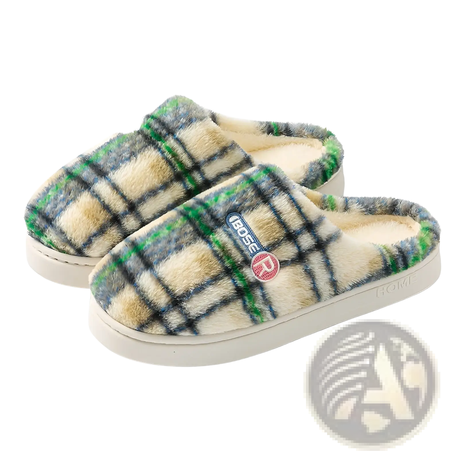 Unisex plaid fleece lined non slip indoor slippers with soft beige green and navy check pattern and white rubber soles