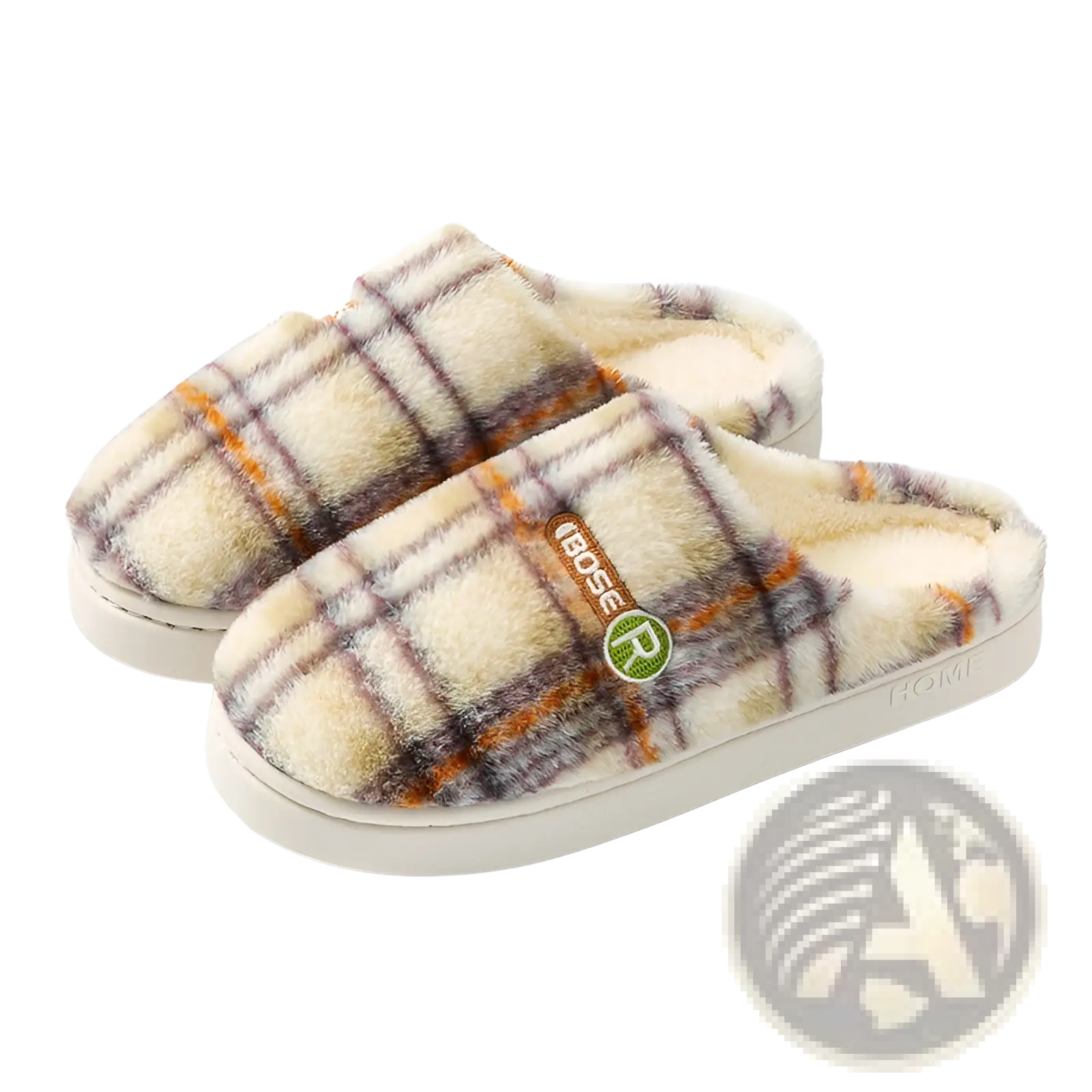 Unisex plaid fleece lined non slip indoor slippers in cream brown and orange tones with a fuzzy slip on design