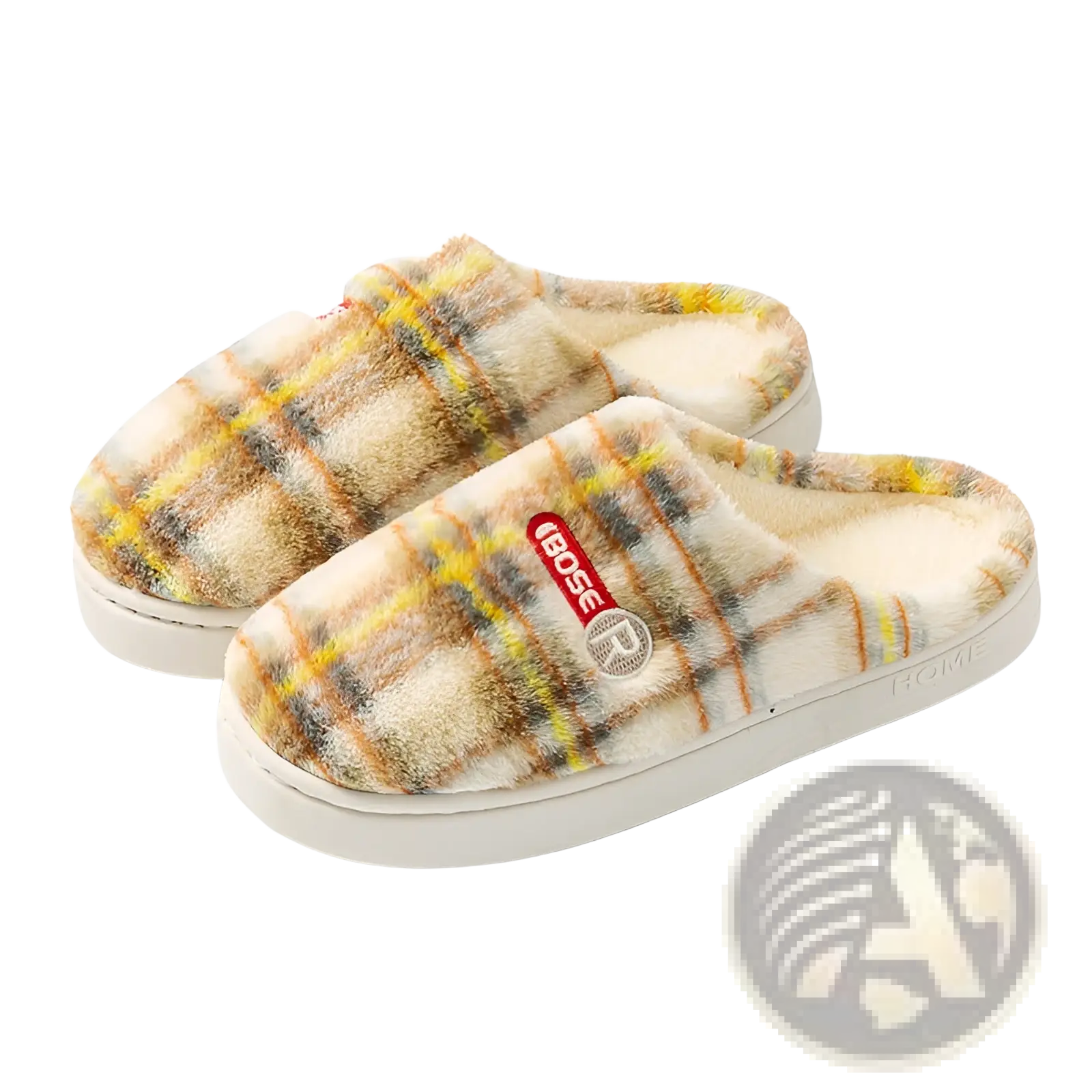 Unisex plaid fleece lined non slip indoor slippers in soft beige yellow and brown check pattern slip-on style