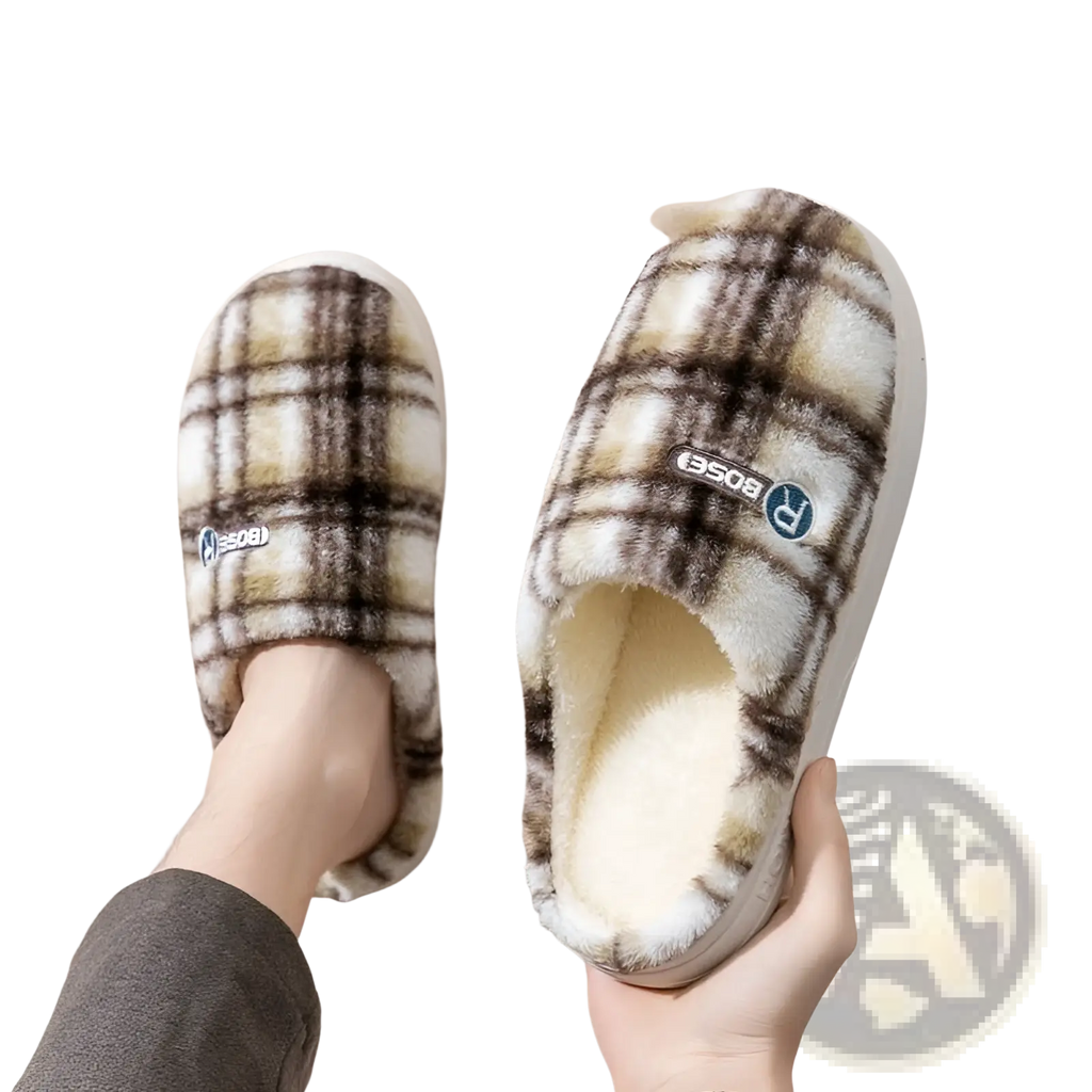 Unisex plaid fleece lined non slip indoor slipper with soft beige and brown check pattern and fluffy texture