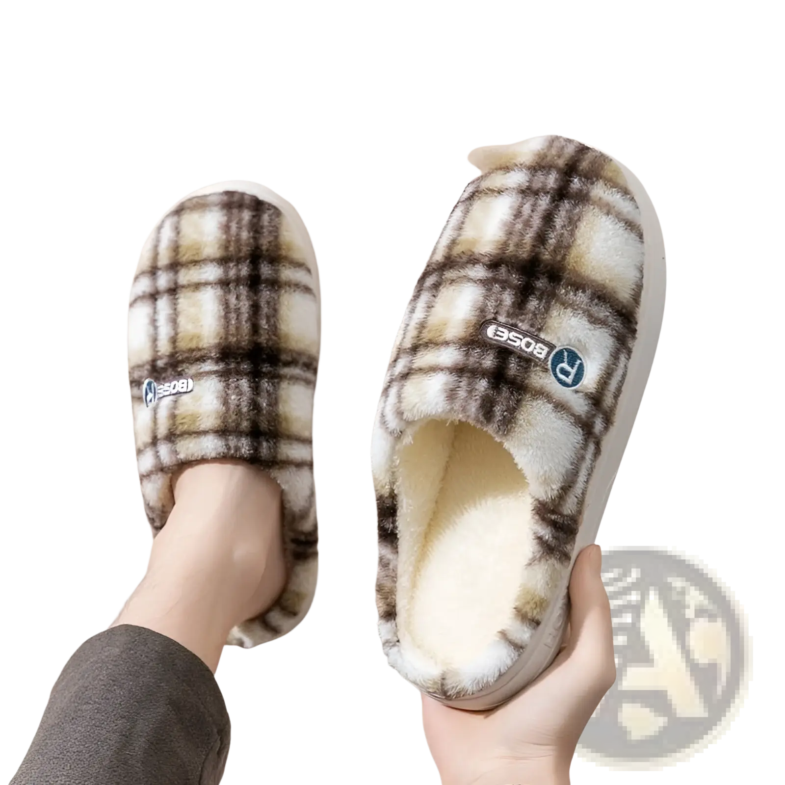 Unisex plaid fleece lined non slip indoor slipper with soft beige and brown check pattern and fluffy texture