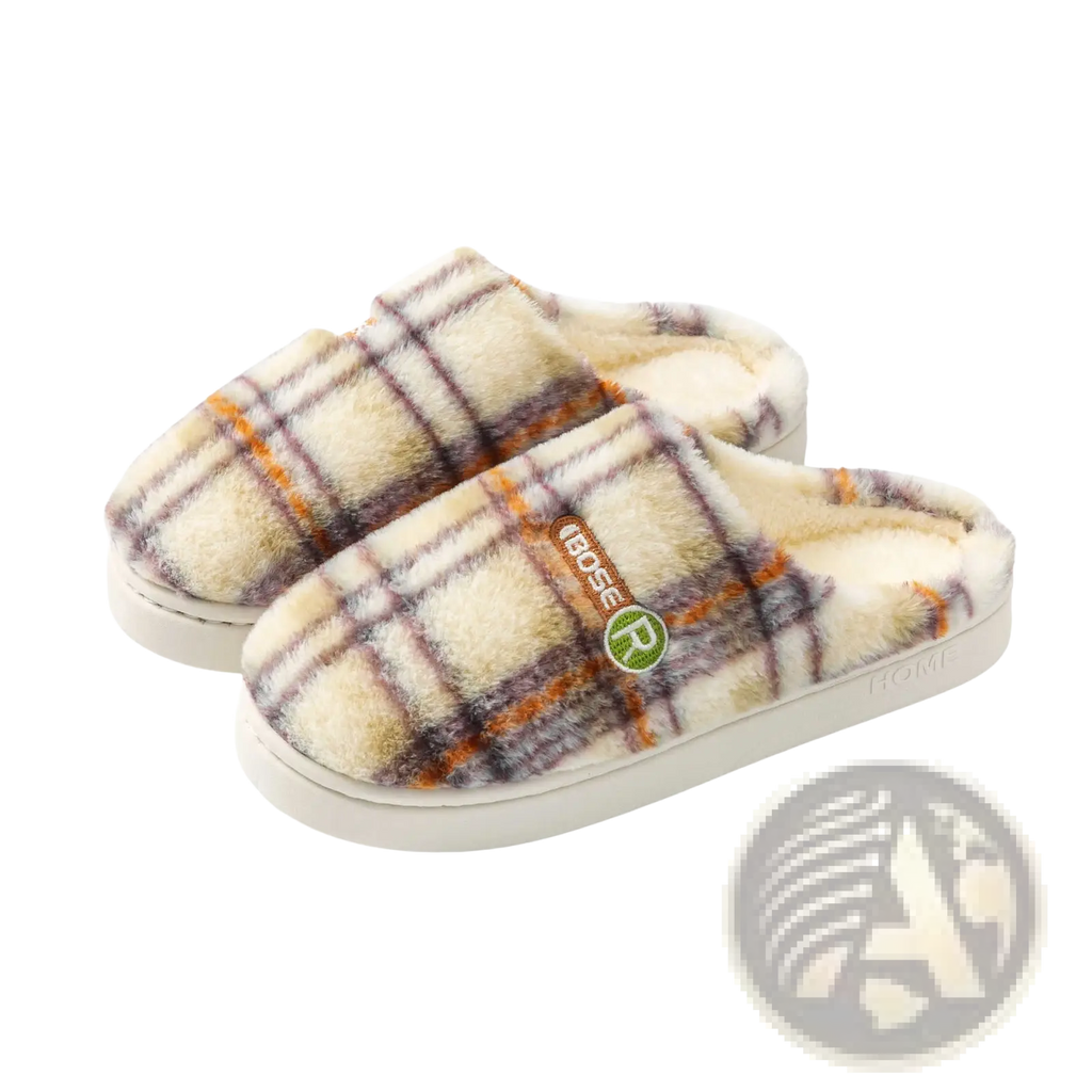 Unisex plaid fleece lined non slip indoor slippers with a soft cream brown and orange check pattern slip on design