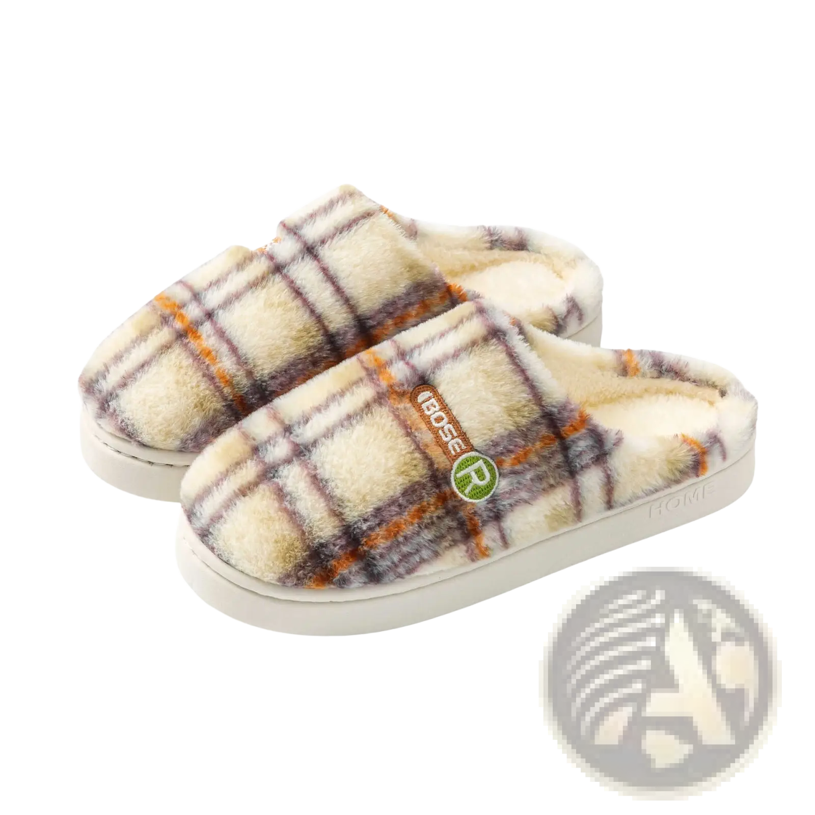 Unisex plaid fleece lined non slip indoor slippers with a soft cream brown and orange check pattern slip on design