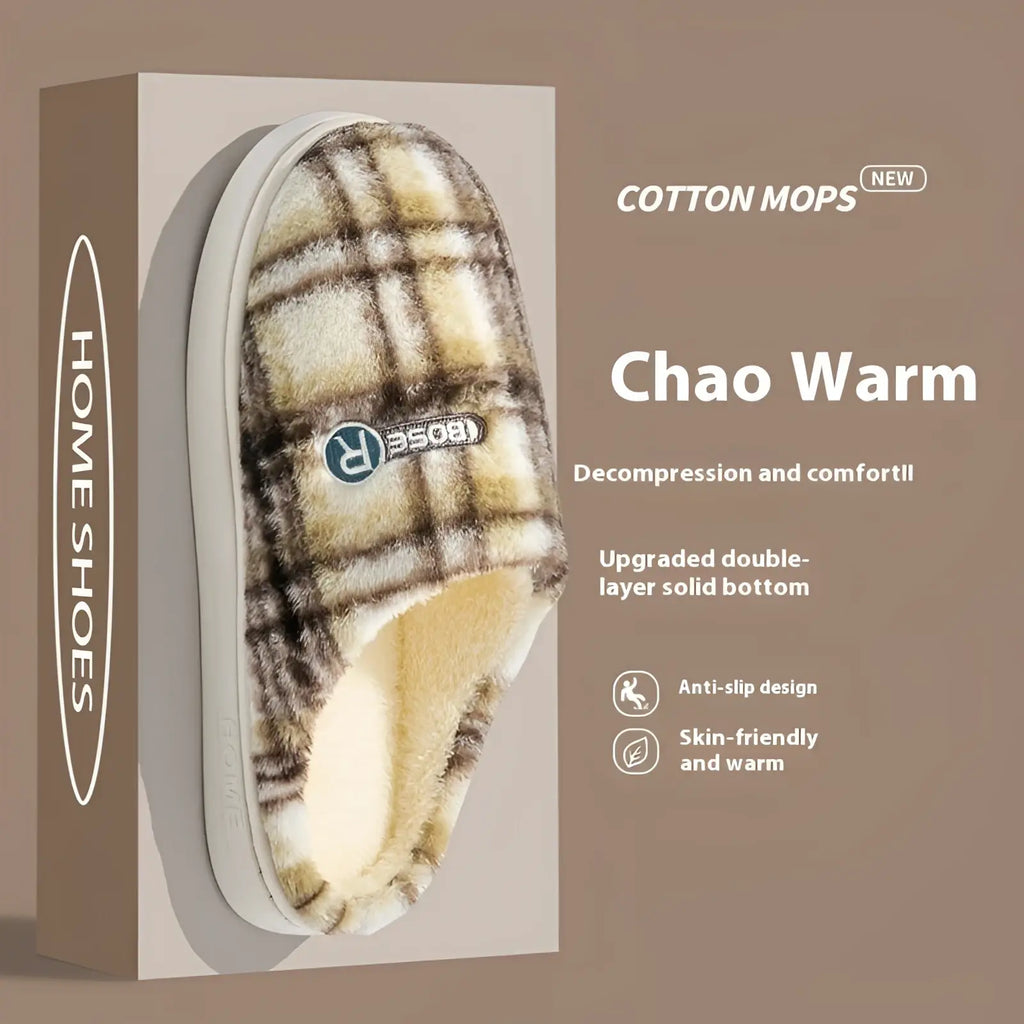 Unisex plaid fleece lined indoor slippers with plush cotton beige and brown check non slip design