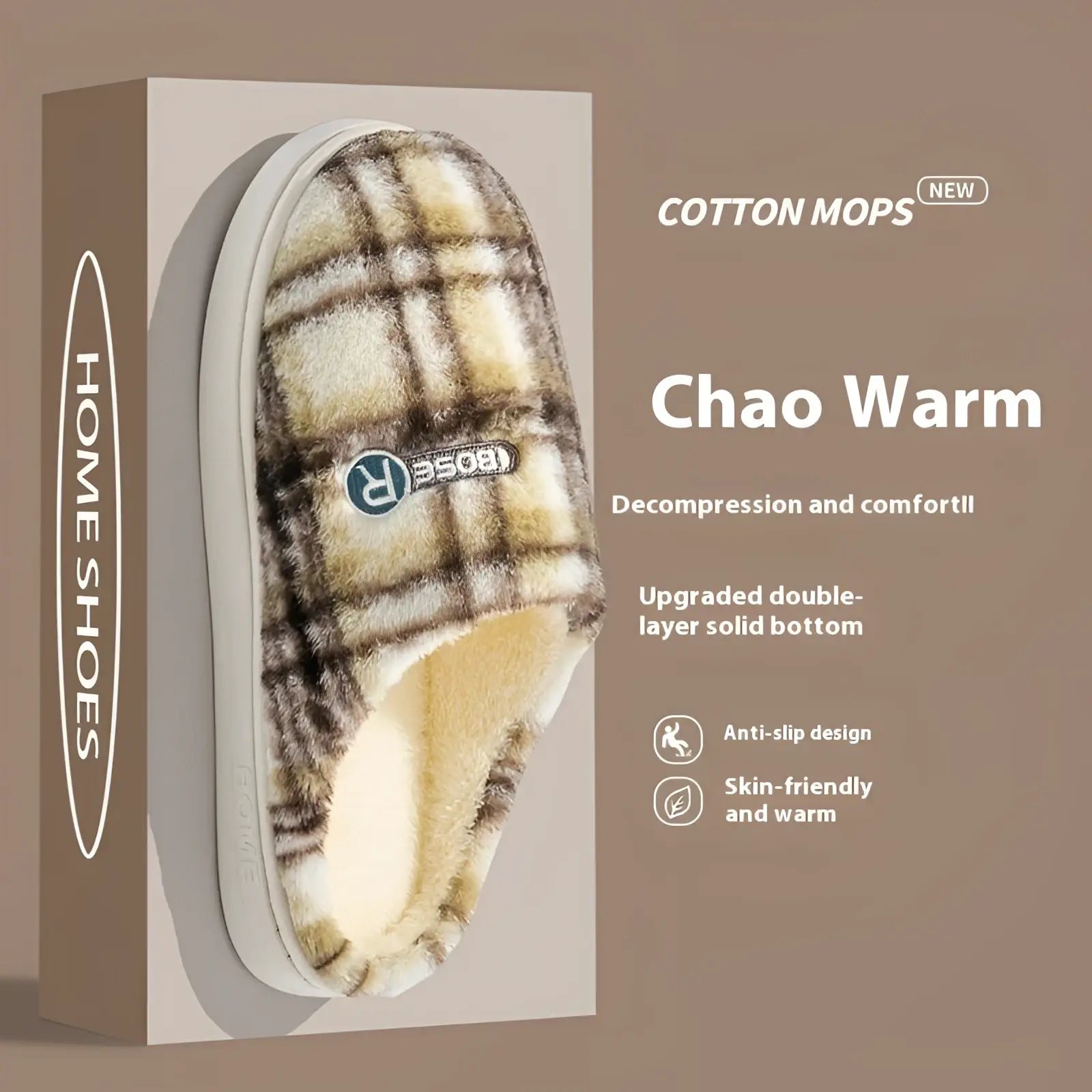 Unisex plaid fleece lined indoor slippers with plush cotton beige and brown check non slip design