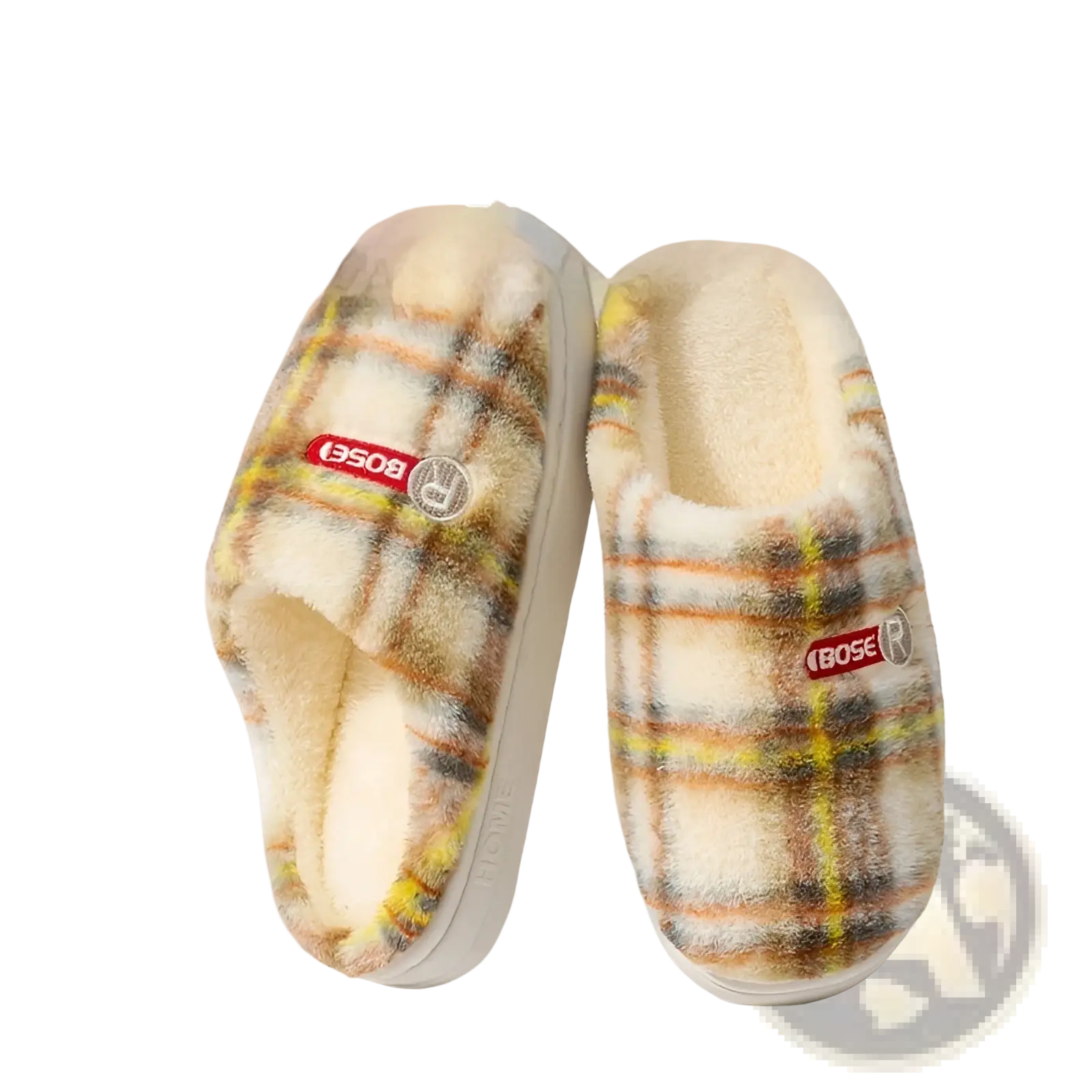 Unisex plaid fleece lined indoor slippers with soft warm interior and white rubber non slip soles
