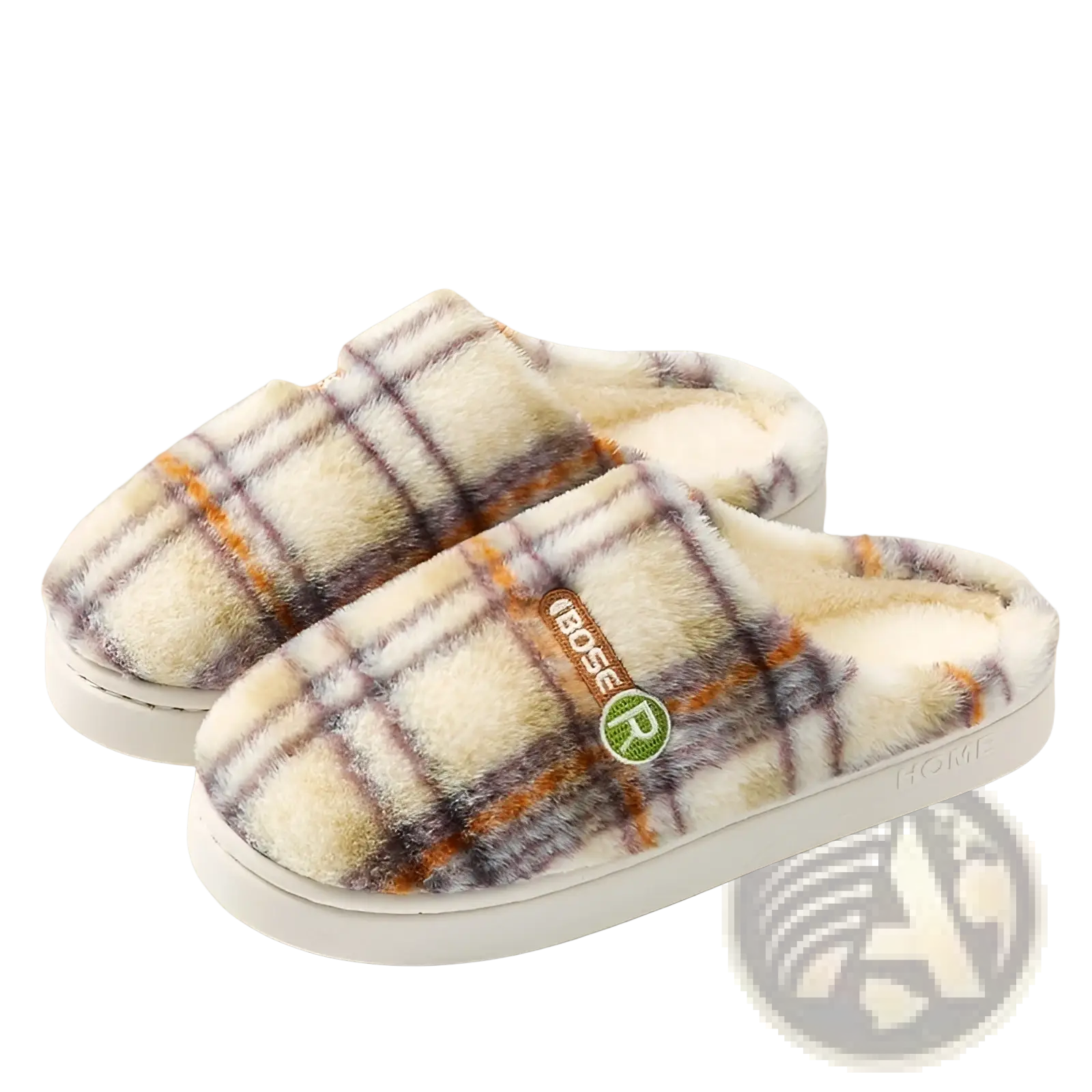 Unisex plaid fleece lined indoor slippers with soft warm texture and white non slip rubber soles