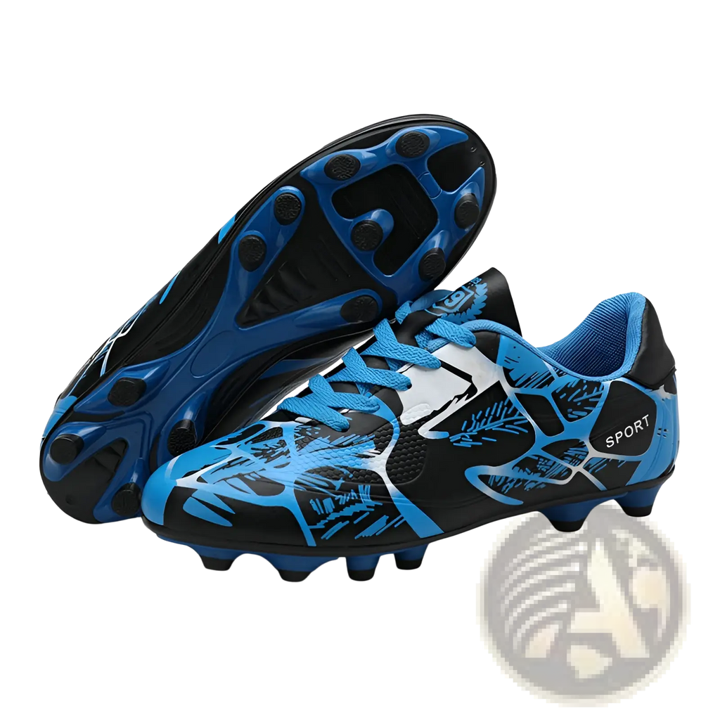 Unisex professional low top soccer cleats in blue and black with white accents and dynamic sport branding design