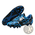 Unisex professional low top soccer cleats in blue and black with white accents and dynamic sport branding design