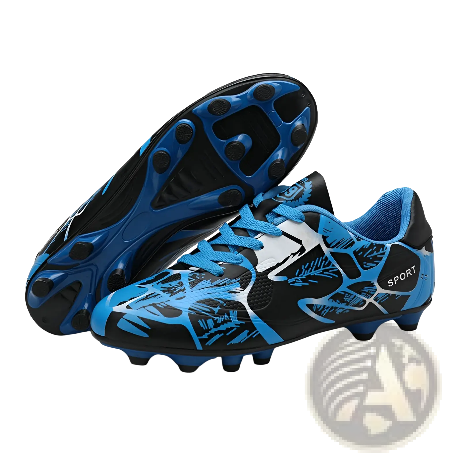 Unisex professional low top soccer cleats in blue and black with white accents and dynamic sport branding design