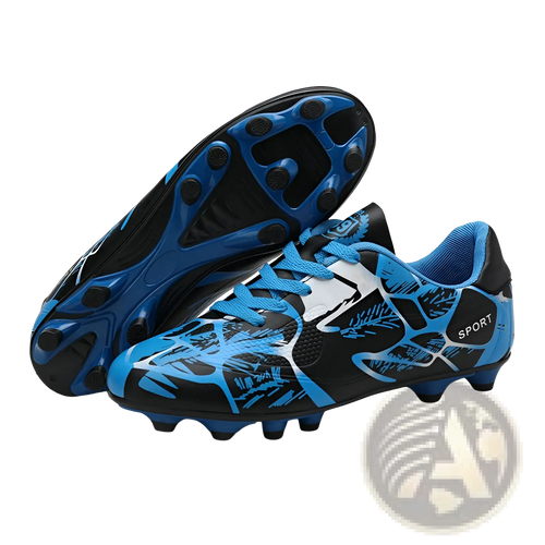 Unisex professional low top soccer cleats in blue and black with white accents and dynamic sport branding design