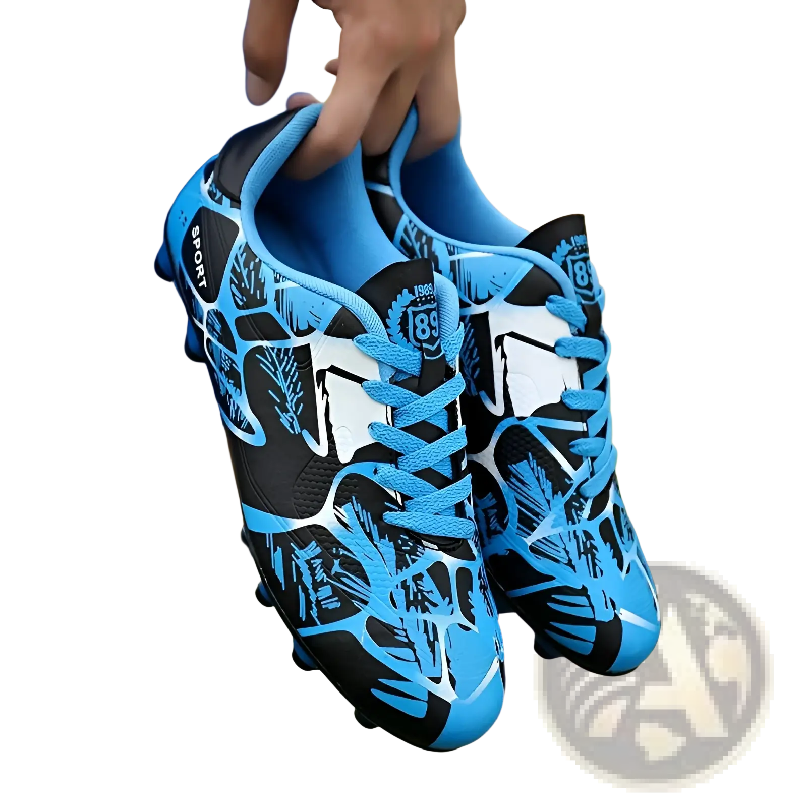 Unisex professional low top soccer cleats in vibrant blue and black with white accents featuring a bold leafy pattern