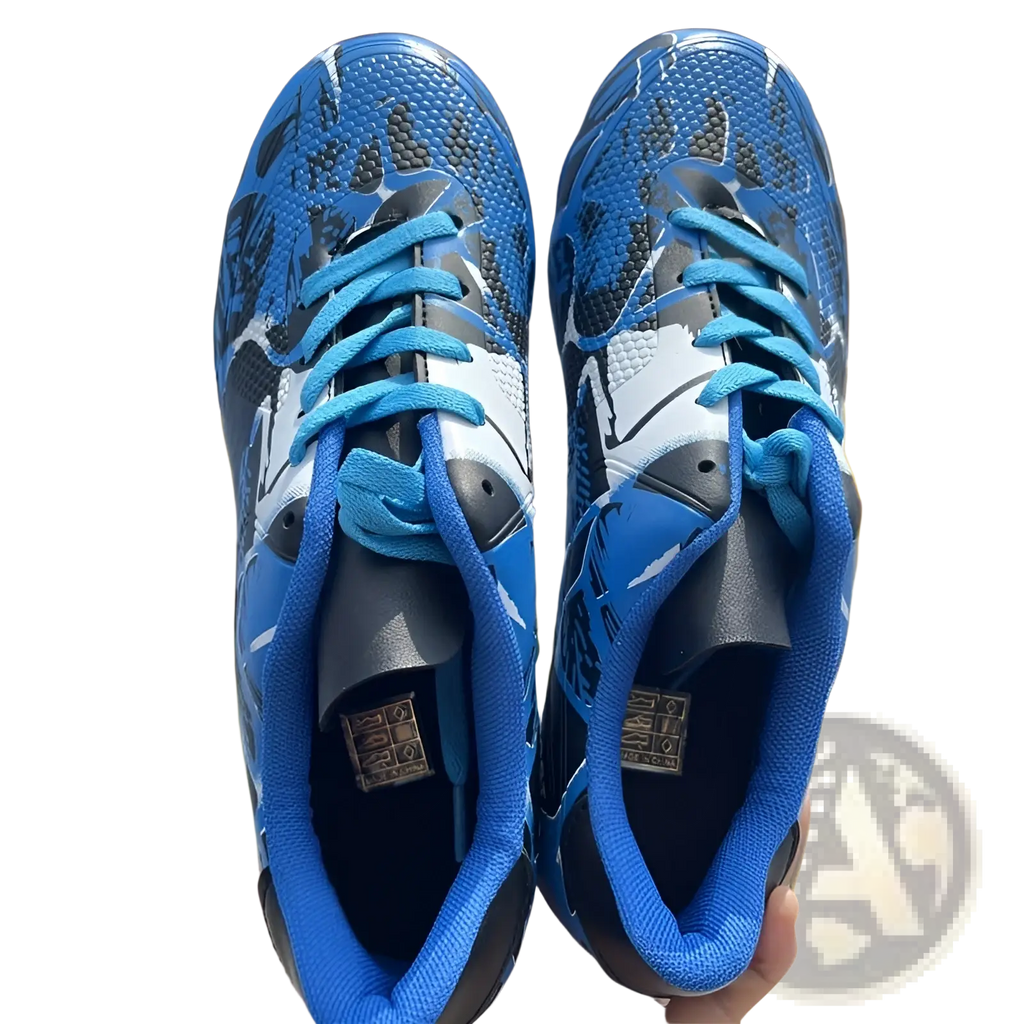 Unisex professional low top soccer cleats and training shoes in blue and black with bright blue laces and mesh upper material