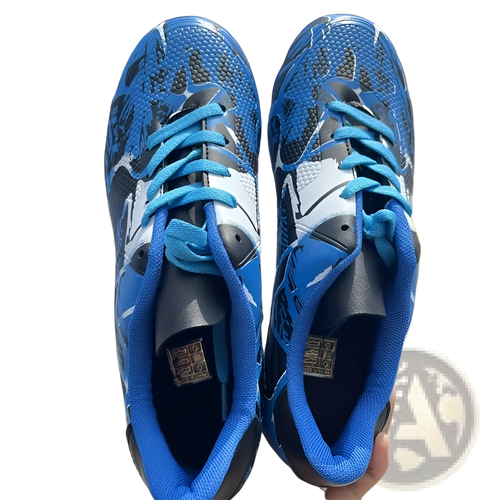Unisex professional low top soccer cleats and training shoes in blue and black with bright blue laces and mesh upper material