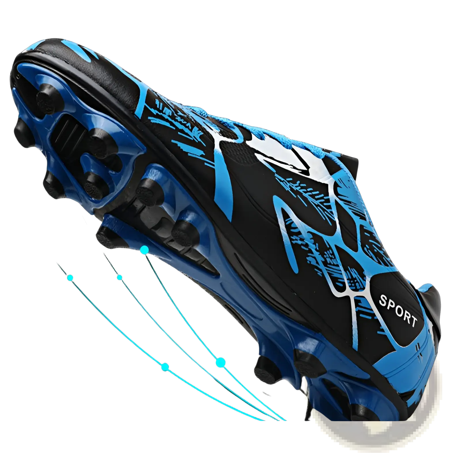 Unisex professional low top soccer cleat in blue and black with white accents and a dynamic abstract design