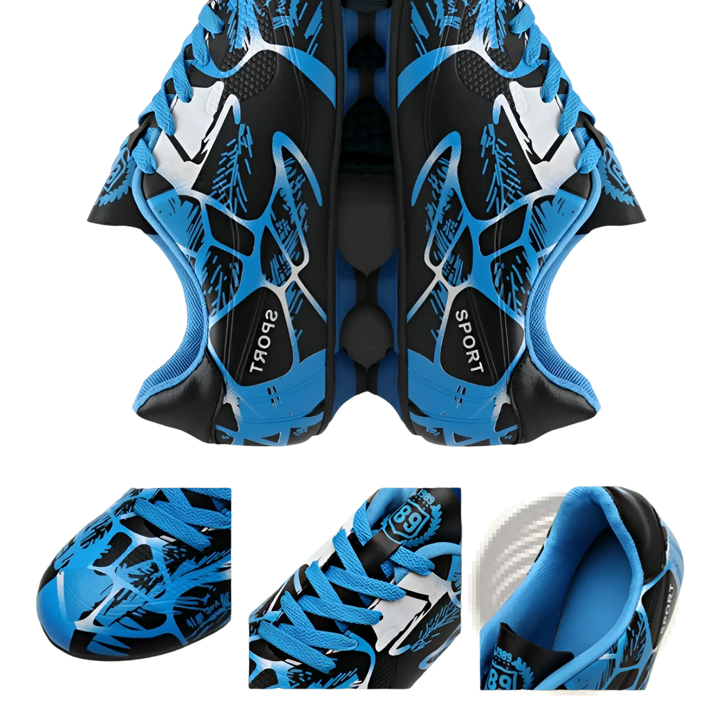 Unisex professional low top soccer cleats in blue and black with dynamic abstract pattern design for training and play