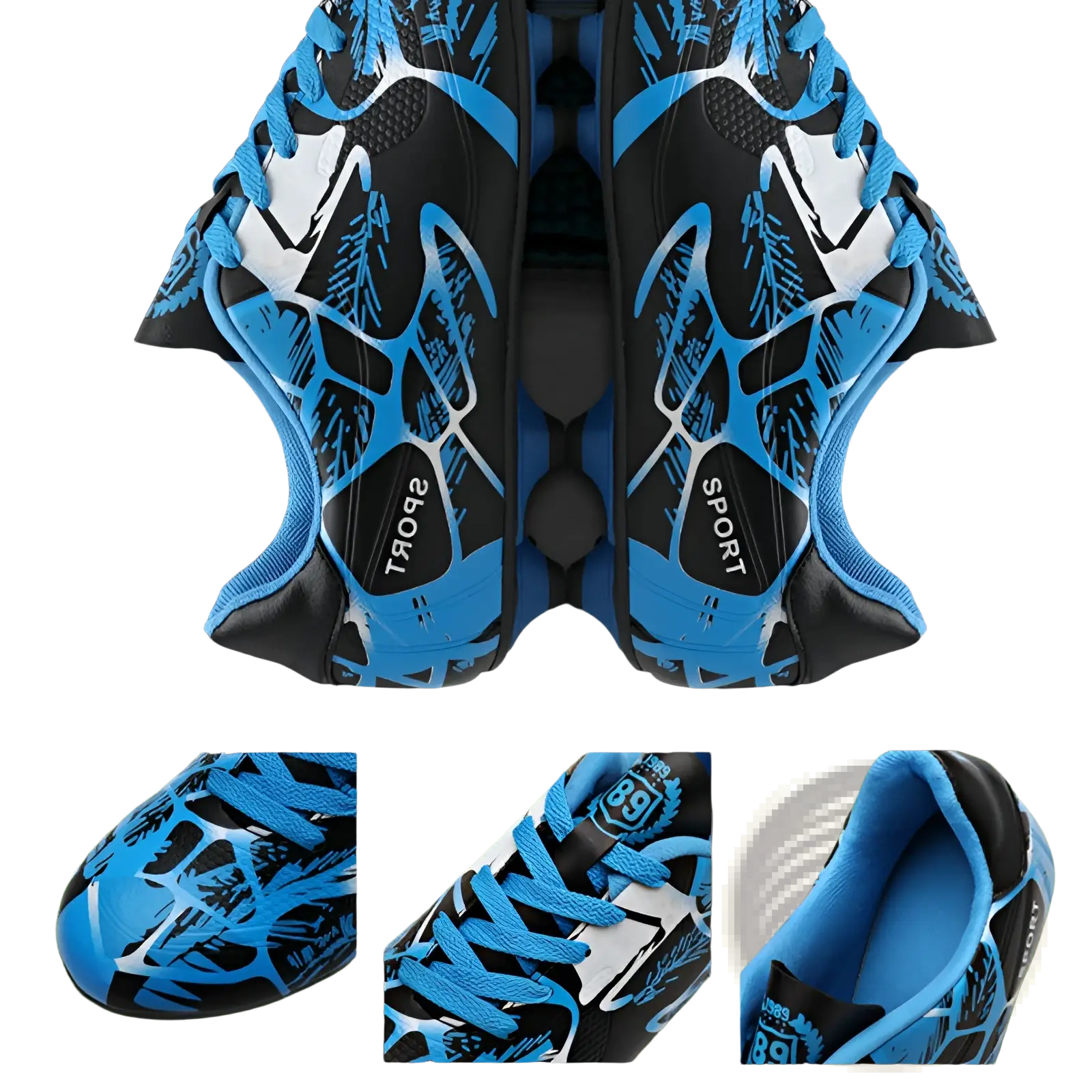 Unisex professional low top soccer cleats in blue and black with dynamic abstract pattern design for training and play