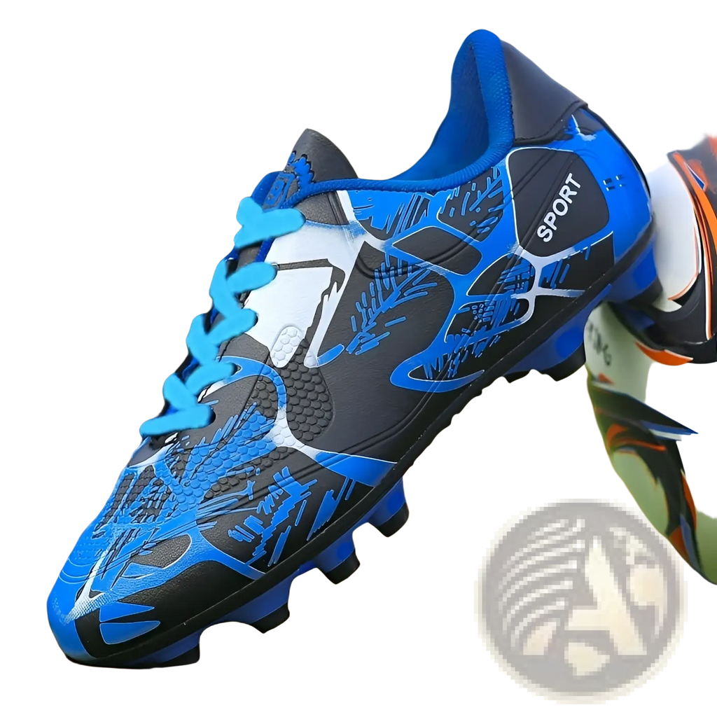 Unisex professional low top soccer cleats in blue and black with a dynamic dragon design and textured upper material