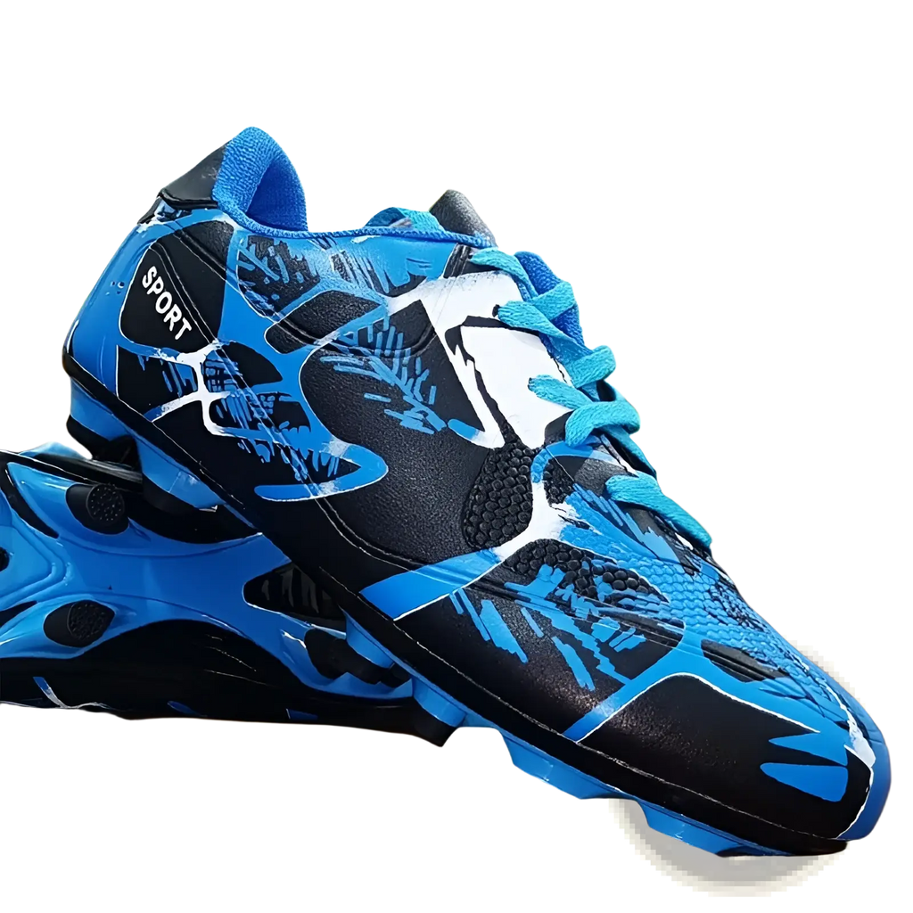Unisex professional low top soccer cleats and training shoes in blue and black with white accents and sport logo