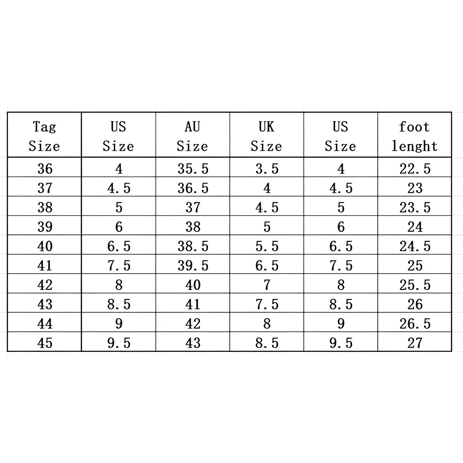 A black and white size conversion chart for unisex professional low top soccer cleats and training shoes sizing