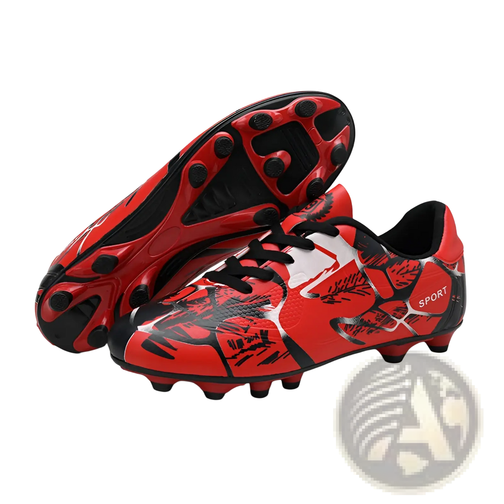 Unisex professional spike cleats in red and black with bold graphic design and white sport accents for soccer use