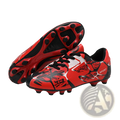 Unisex professional spike cleats in red and black with bold graphic design and white sport accents for soccer use