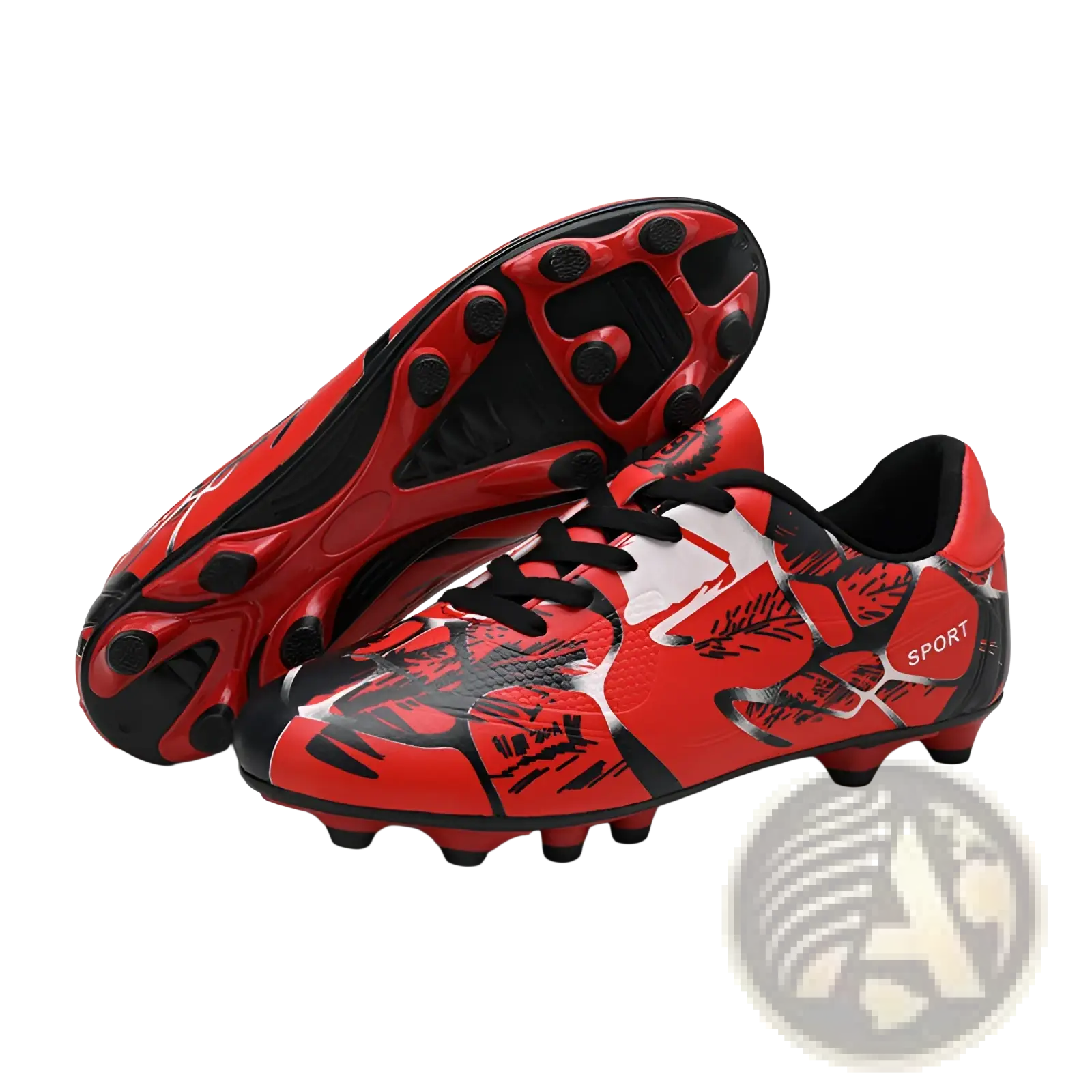 Unisex professional spike cleats in red and black with bold graphic design and white sport accents for soccer use