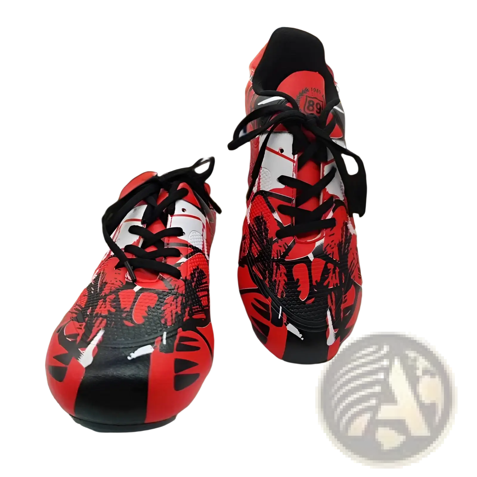 Unisex professional spike cleats featuring red and black athletic design with white accents for soccer use