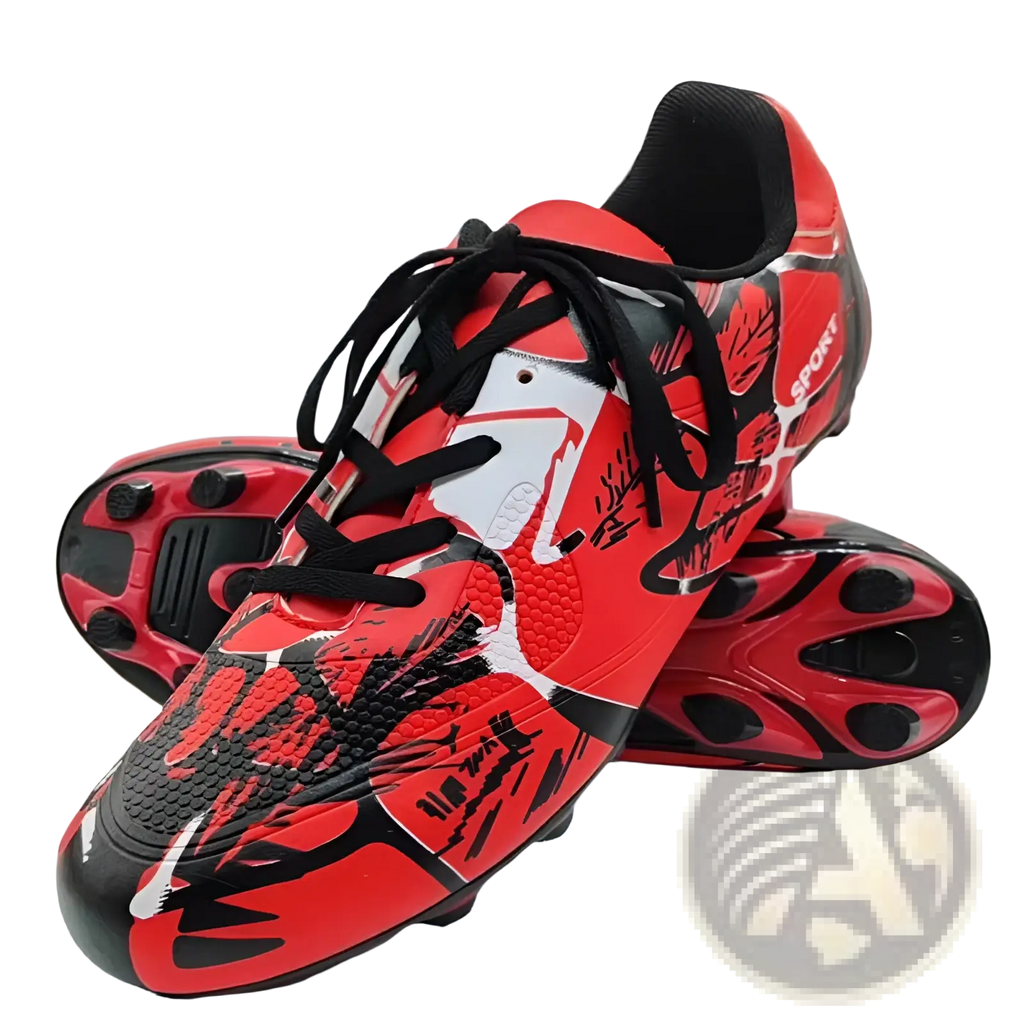 Unisex professional spike cleats featuring red and black synthetic leather with bold graphic design and white accents for soccer