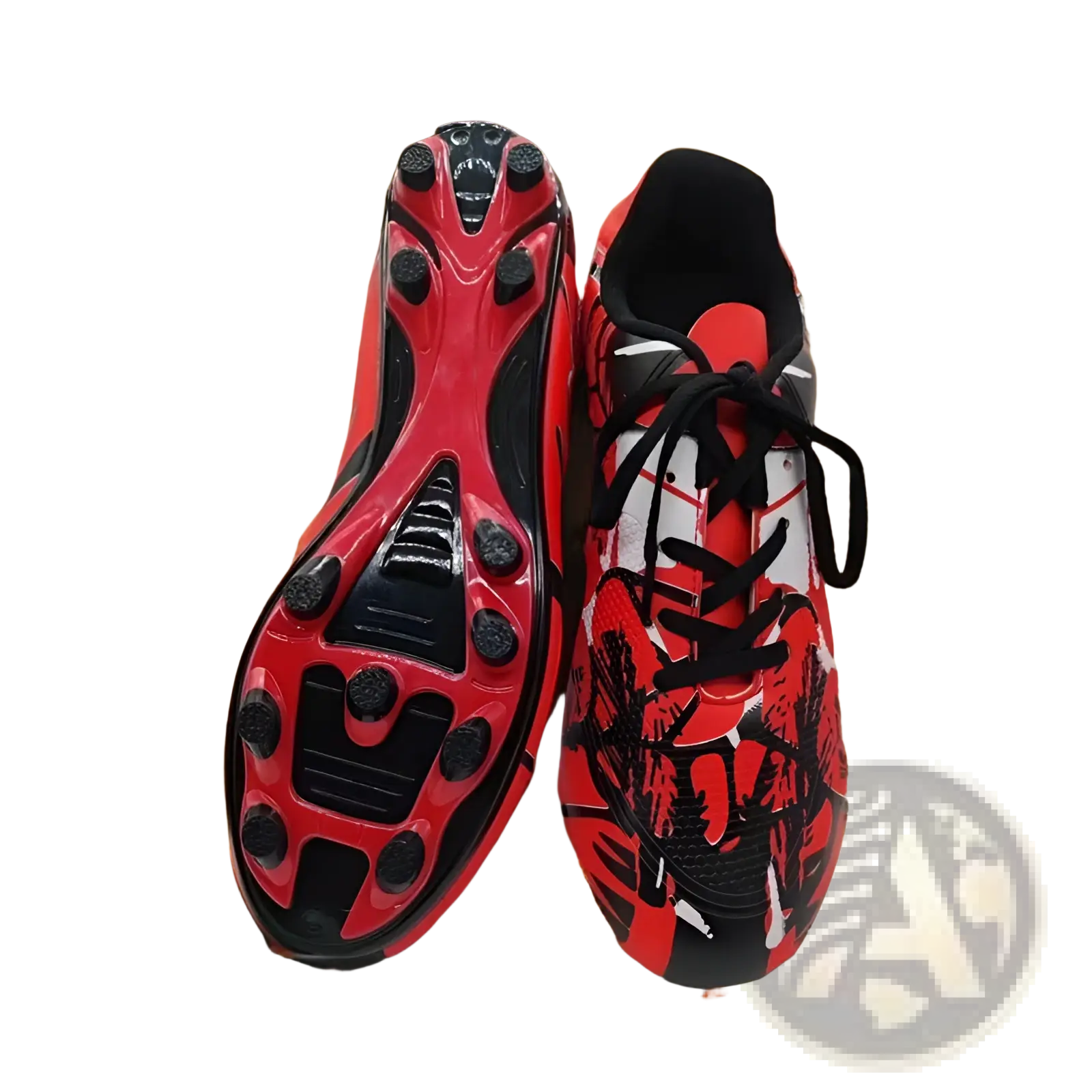 Unisex professional spike cleats in red and black with bold graphic design and white accents for soccer shoes