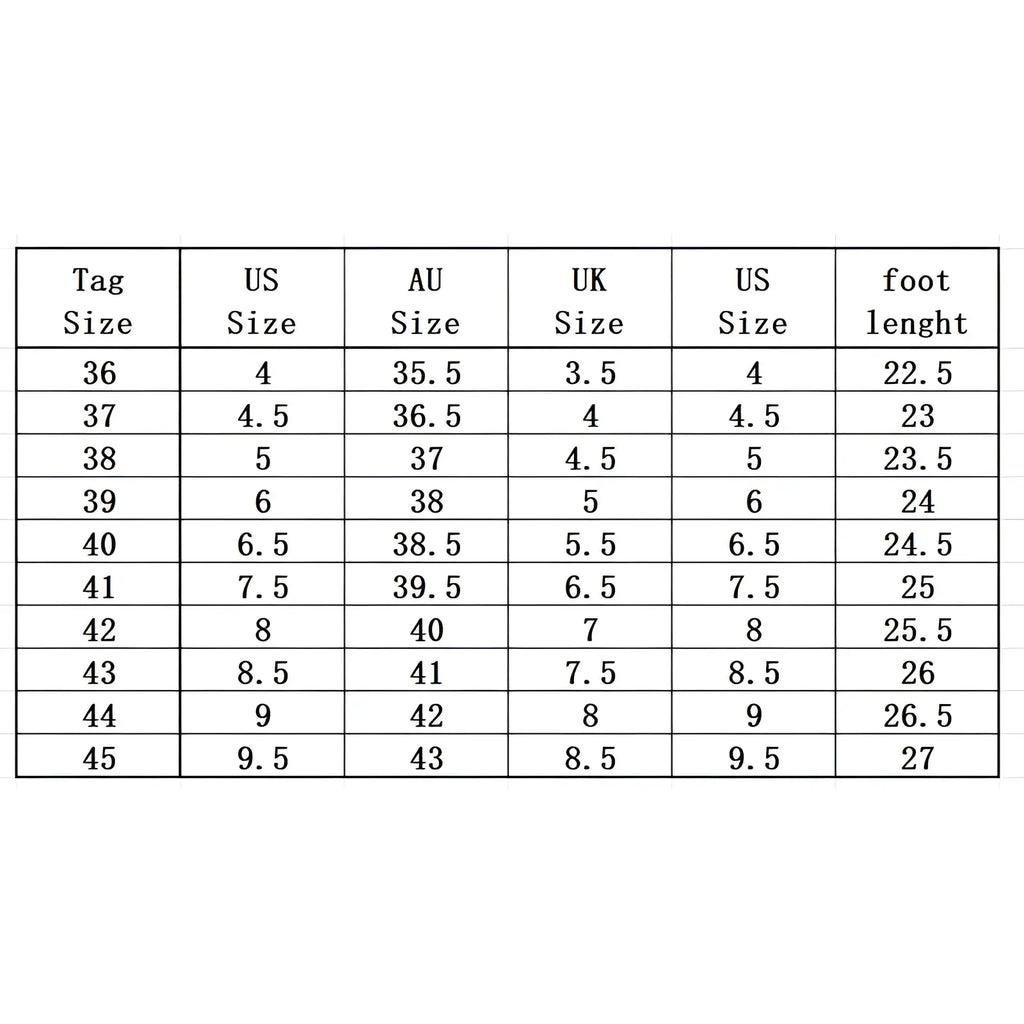 A black and white size conversion chart showing international sizes and foot lengths for unisex red and black soccer cleats