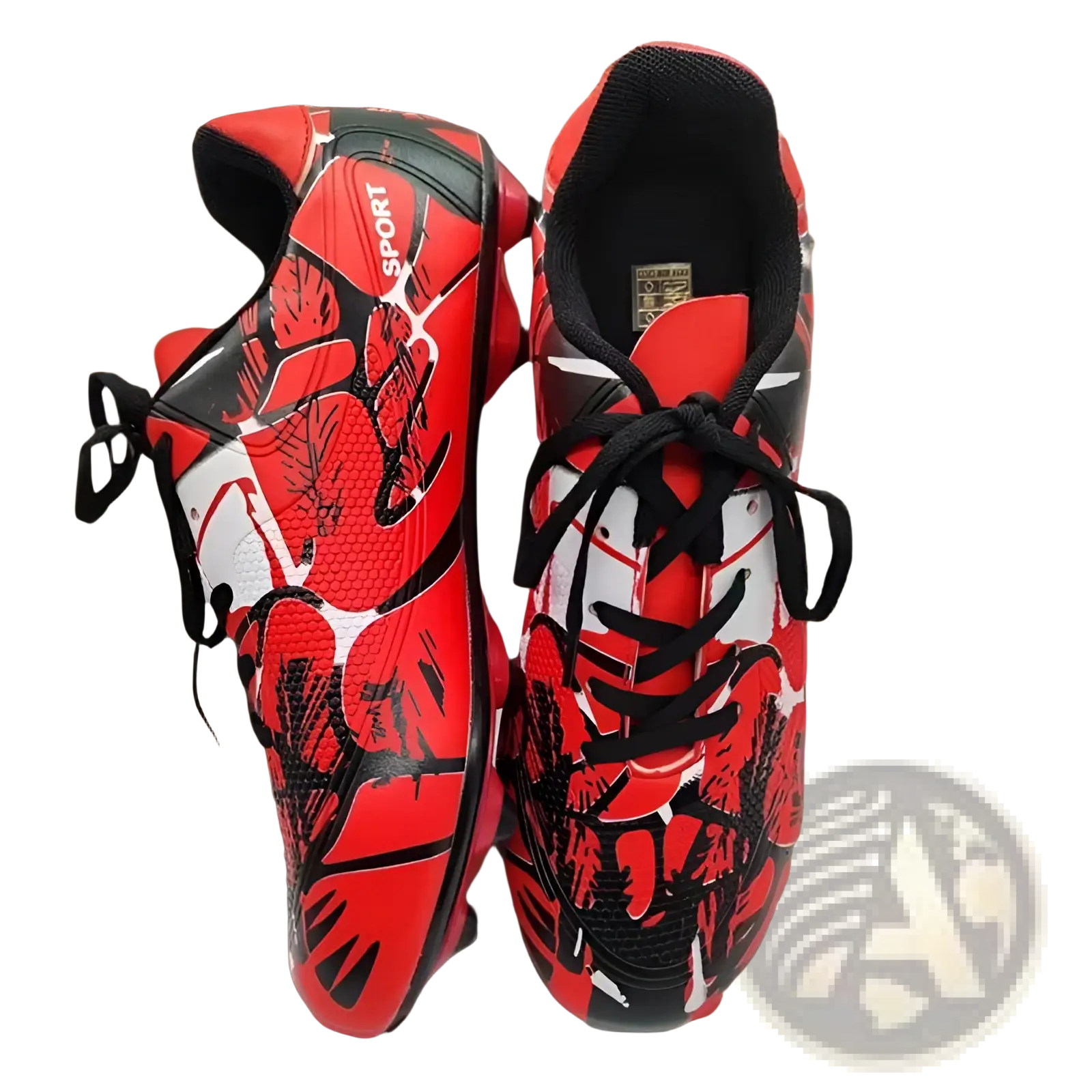 Unisex professional spike cleats in vibrant red and black with bold white graphics made of durable synthetic material