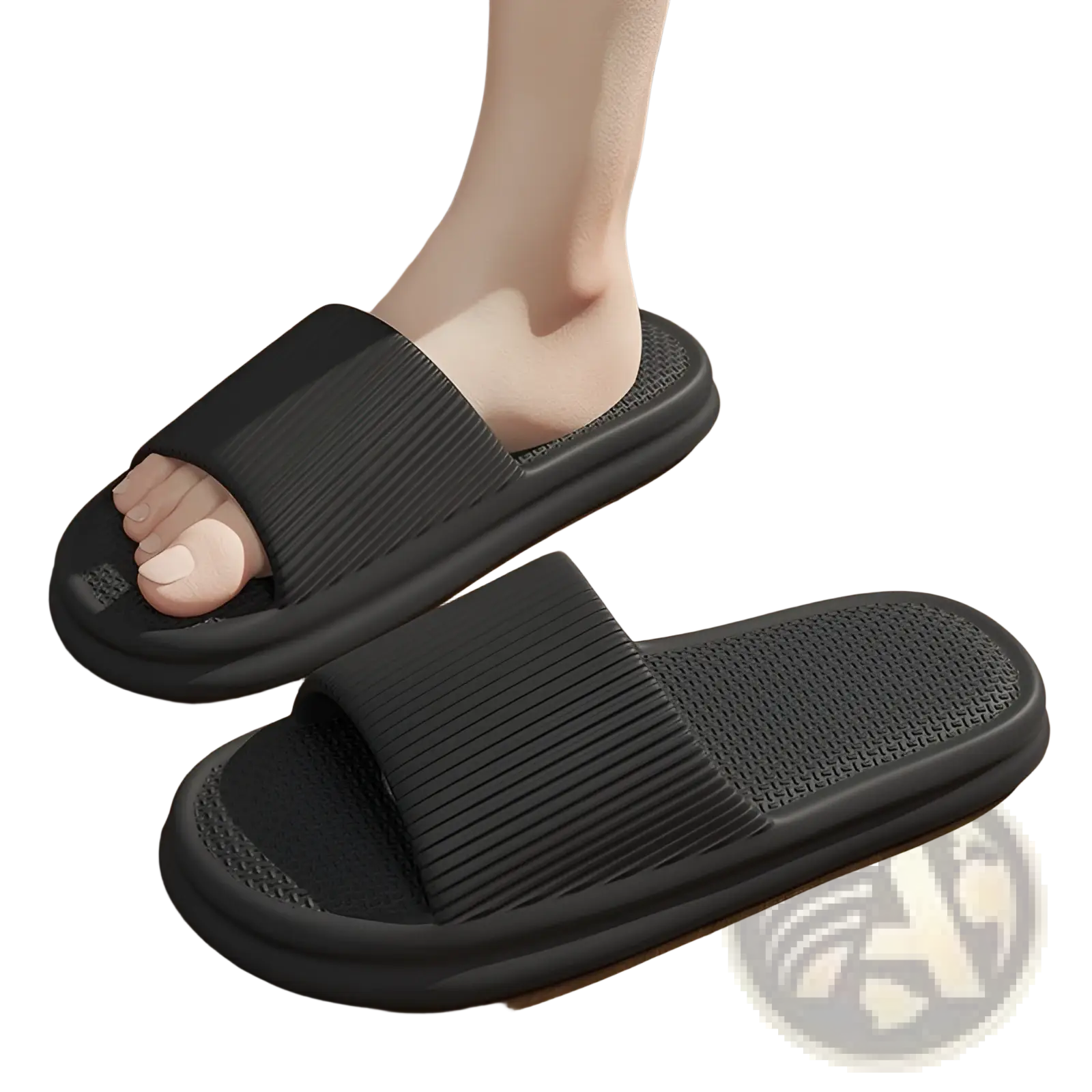 Black rubber unisex ribbed anti slip eva house slippers with textured sole shown from the back side