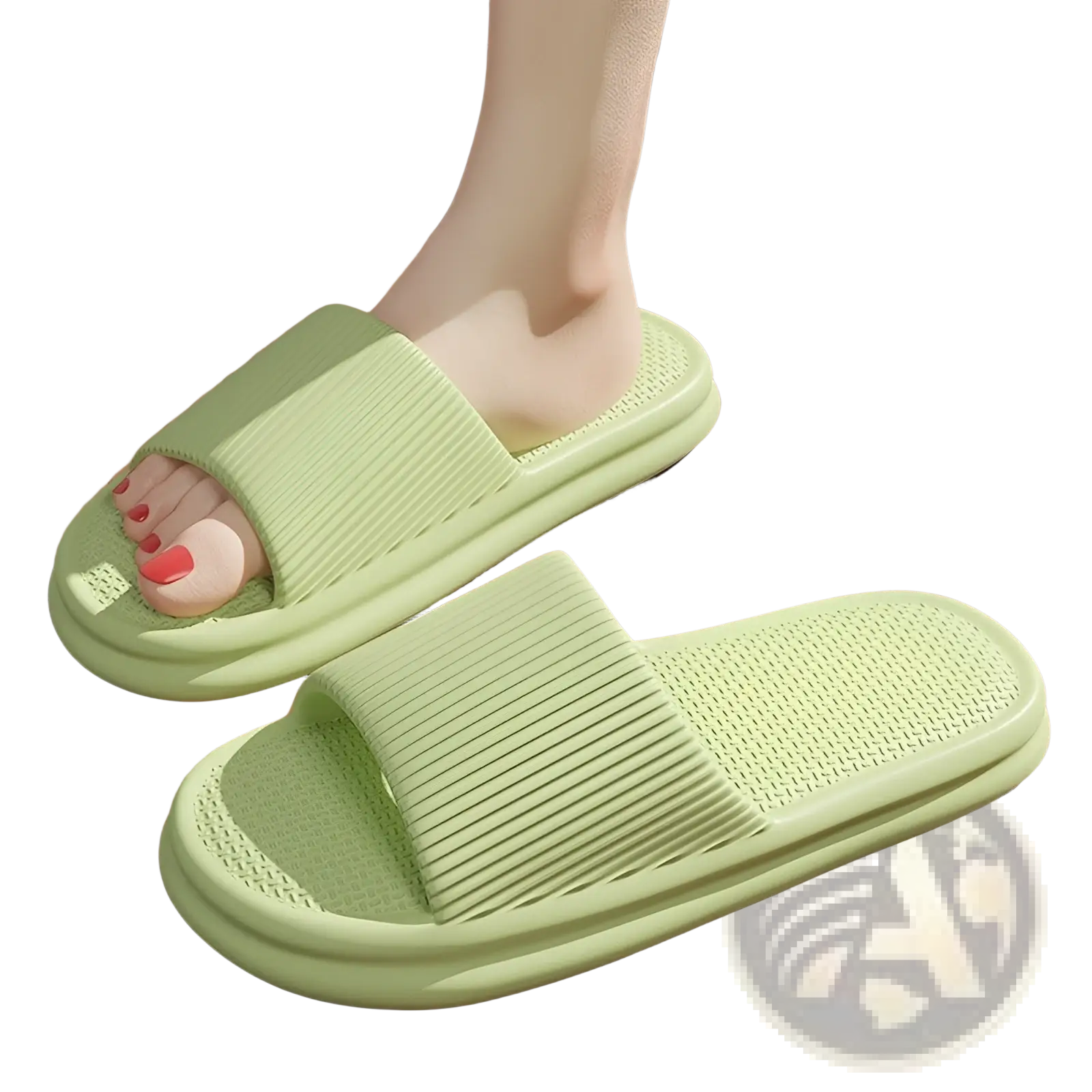 Unisex ribbed light green slide sandals with cushioned sole and breathable mesh pattern made of eva material