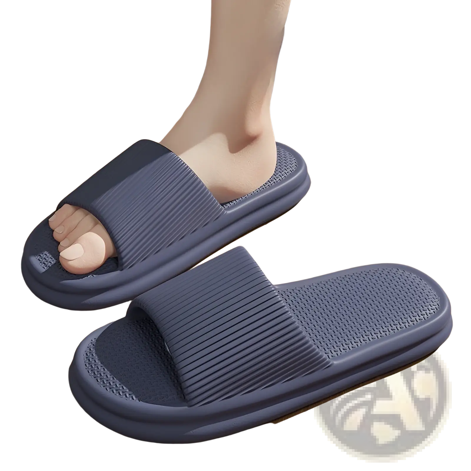 Blue unisex slip-on sandals with ribbed strap and textured eva footbed designed for anti slip indoor use