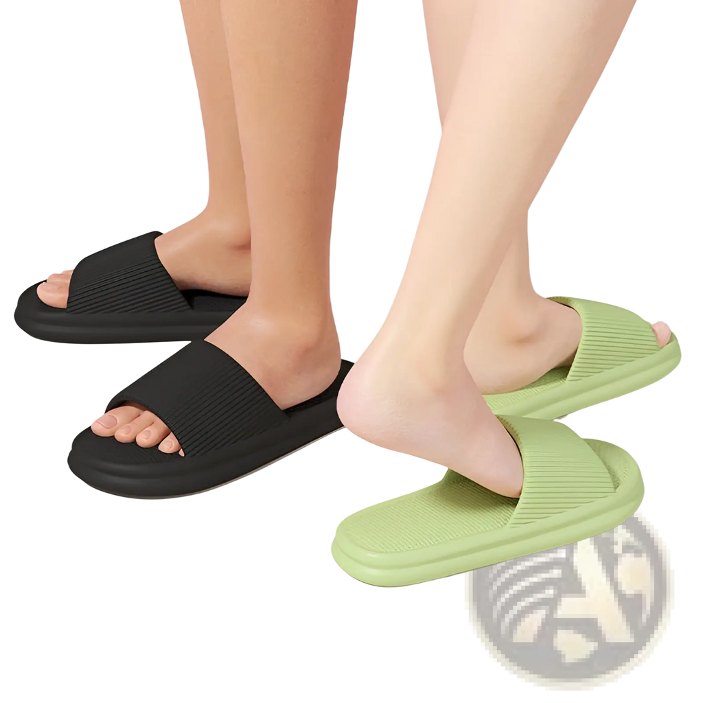 Unisex ribbed anti slip EVA house slippers in black and mint green rubber with a textured sole for indoor comfort