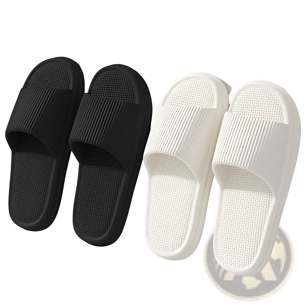 Unisex black and white ribbed anti slip eva house slippers featuring rubber slide sandals with textured soles