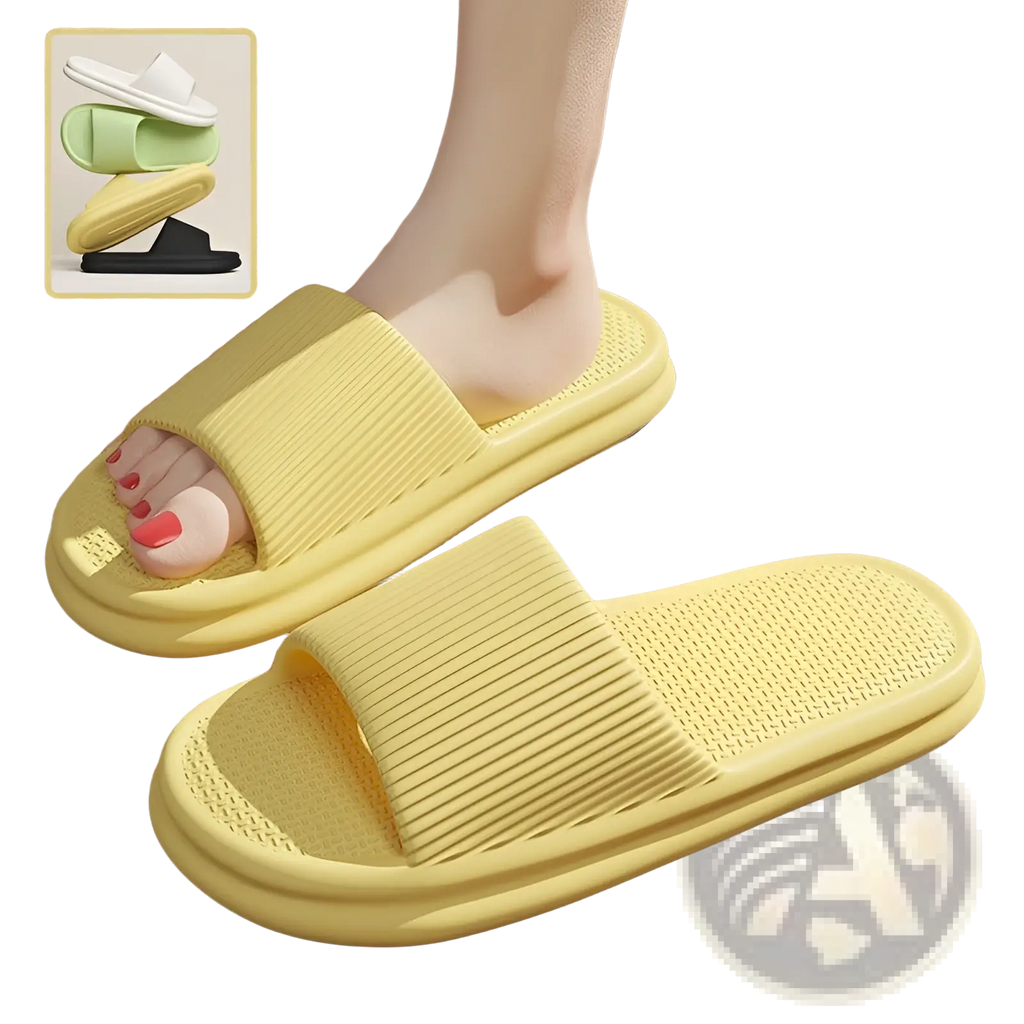 Bright yellow unisex slide sandals with ribbed strap and textured anti slip eva footbed for indoor use