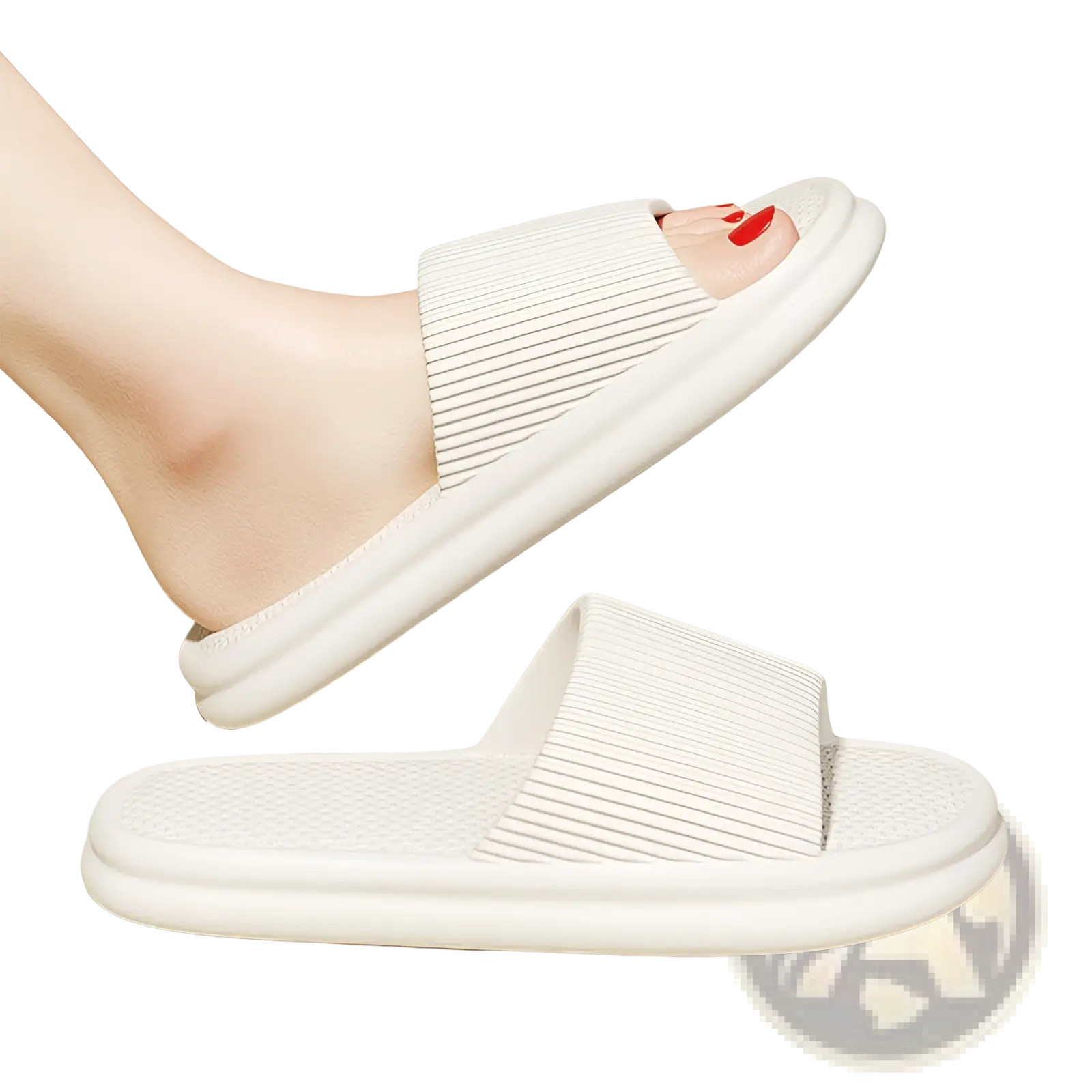 White unisex ribbed slide sandals with cushioned eva sole designed as anti slip house slippers