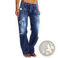 Unisex ripped straight leg denim jeans in distressed blue with intentional rips and frayed hems