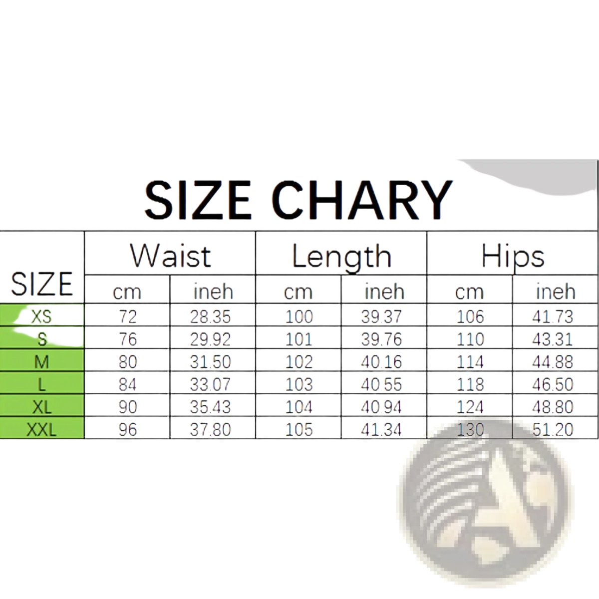A clear size chart showing waist length and hips in cm and inches for unisex ripped straight leg denim jeans sizes xs to xxl
