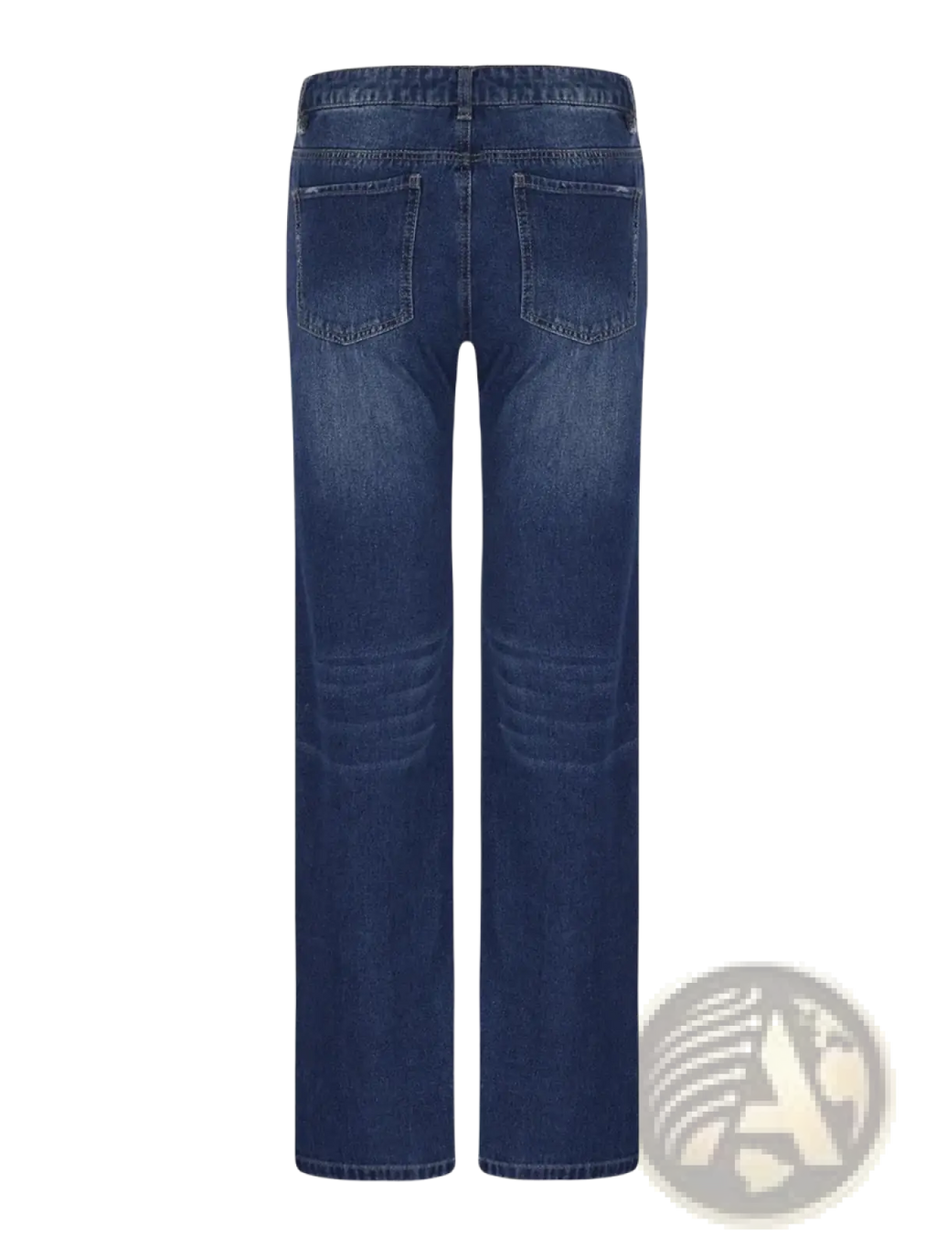 Unisex ripped straight leg dark blue denim jeans with subtle fading on the thighs in a straight-leg cut