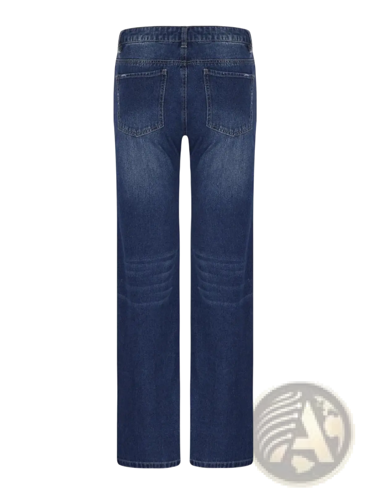 Unisex ripped straight leg dark blue denim jeans with subtle fading on the thighs in a straight-leg cut