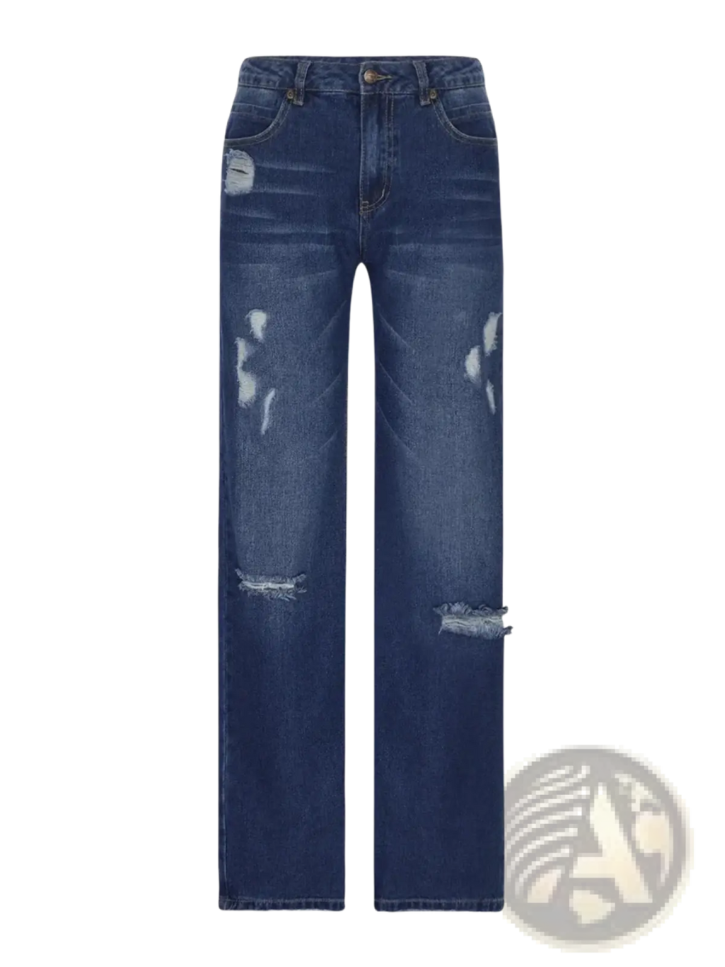 Unisex dark blue denim jeans with distressed ripped details on thighs and knees in a straight leg cut