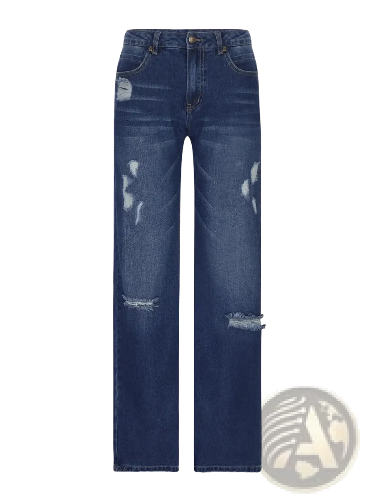 Unisex dark blue denim jeans with distressed ripped details on thighs and knees in a straight leg cut