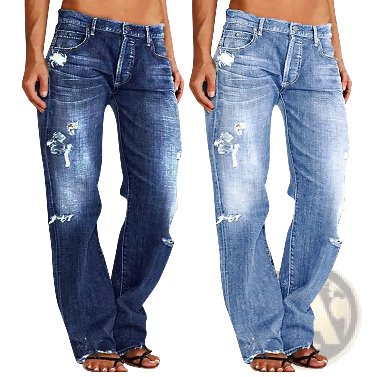 Unisex ripped straight leg denim jeans in distressed blue with frayed details made from durable denim fabric