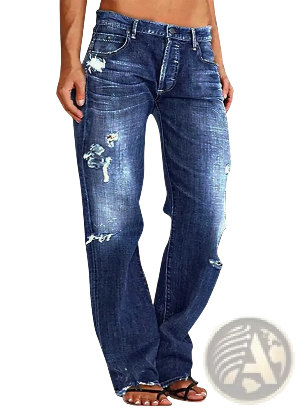 Unisex ripped straight leg denim jeans in distressed blue with intentional rips and frayed edges